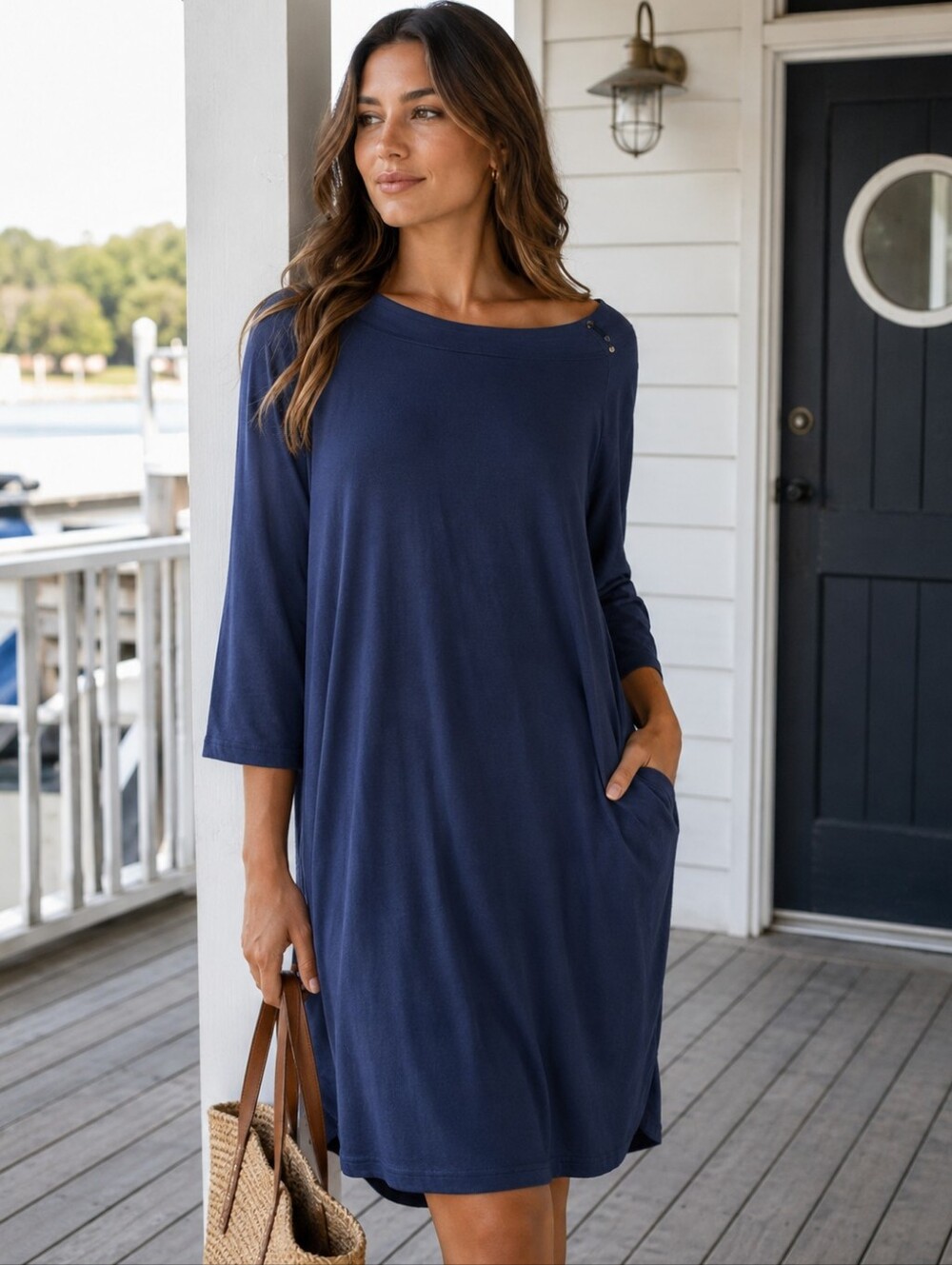 Karen Scott Sport Navy Knit Dress XL NWT Boat Neck Button Shoulder Comfy Travel